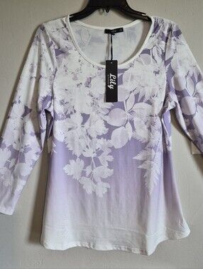 Lily Lavender and White Floral Ombre Scoop Neck Long Sleeve Top